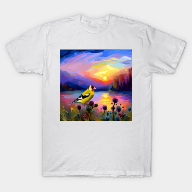 Finch on Thistles at Sunset T-Shirt by DestructoKitty